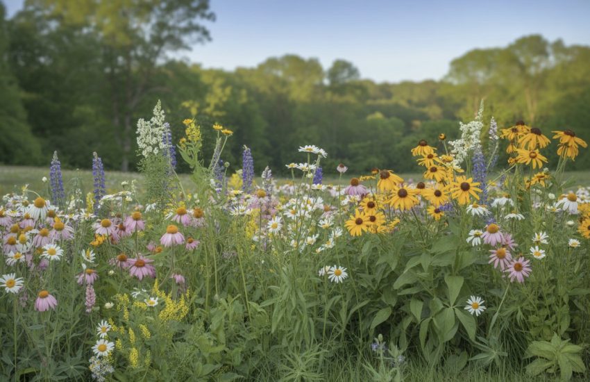 A colorful wildflower meadow with various blooming flowers and green trees under a clear blue sky.