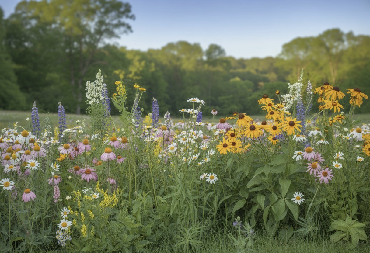 Wildflower Meadow Planting New York Best Practices for Sustainable Landscapes - PlantNative.org A colorful wildflower meadow with various blooming flowers and green trees under a clear blue sky.
