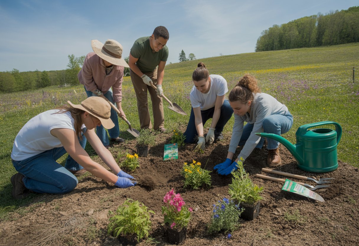 Wildflower Meadow Planting New York Best Practices for Sustainable Landscapes - PlantNative.org People planting wildflowers in a meadow with trees and hills in the background on a sunny day.