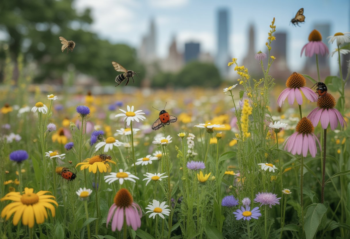 Wildflower Meadow Planting New York Best Practices for Sustainable Landscapes - PlantNative.org A colorful wildflower meadow with various flowers and pollinators like bees and butterflies, set against a blurred background of New York.