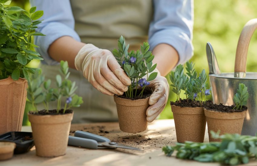 Hands planting false indigo seedlings into small pots with soil on a wooden table surrounded by gardening tools.