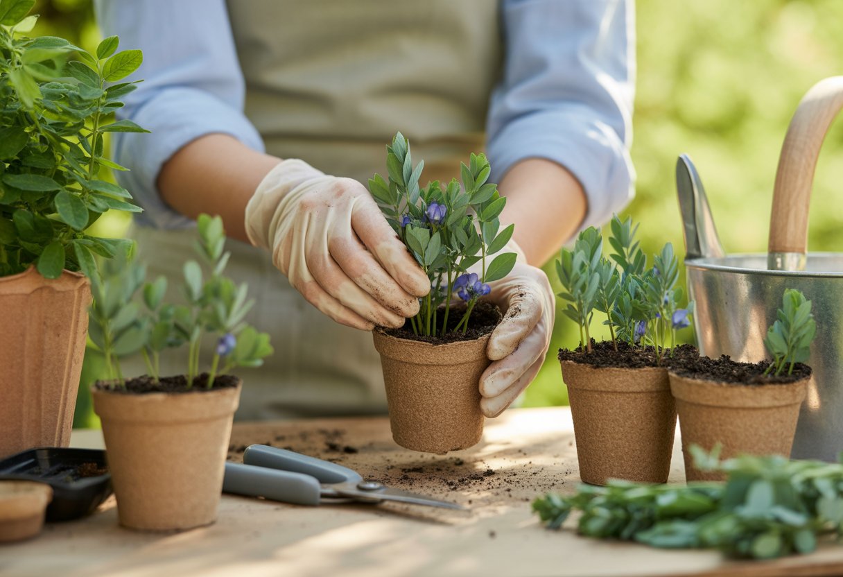 How to Propagate False Indigo Efficiently for Healthy Growth - PlantNative.org Hands planting false indigo seedlings into small pots with soil on a wooden table surrounded by gardening tools.