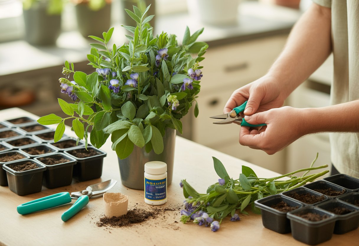 How to Propagate False Indigo Efficiently for Healthy Growth - PlantNative.org Close-up of hands propagating false indigo plants with gardening tools and seed trays on a clean workspace.