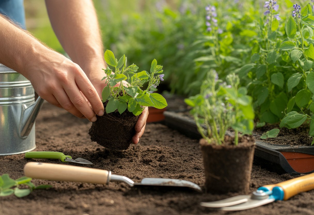 How to Propagate False Indigo Efficiently for Healthy Growth - PlantNative.org Hands planting young False Indigo seedlings into pots in a garden with gardening tools nearby.