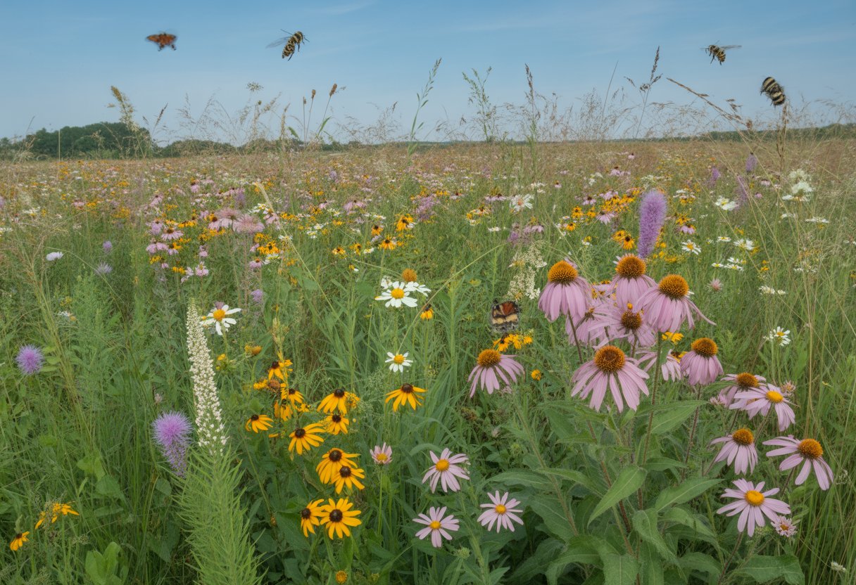 A colorful wildflower meadow in Indiana with blooming flowers and pollinators like bees and butterflies under a clear sky.