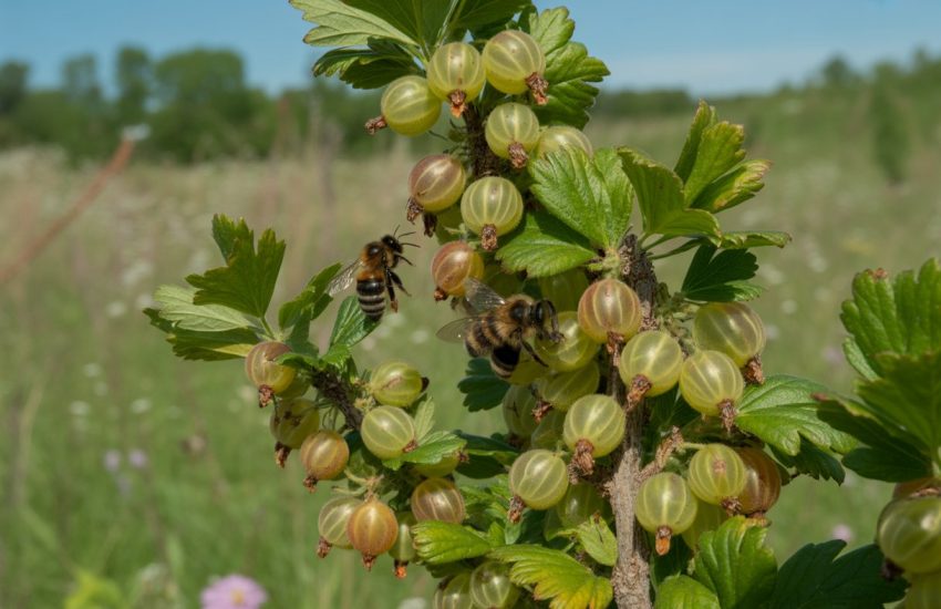 Gooseberry bush with ripe green berries and bees pollinating the flowers in a natural outdoor setting.
