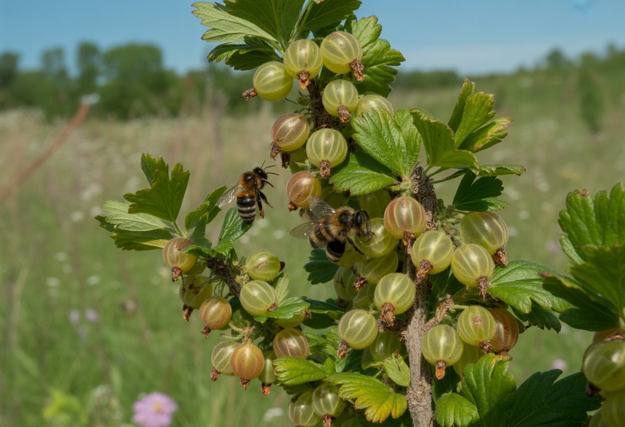 Pollinator Friendly Gooseberry for Indiana: Best Varieties and Planting Tips - PlantNative.org Gooseberry bush with ripe green berries and bees pollinating the flowers in a natural outdoor setting.