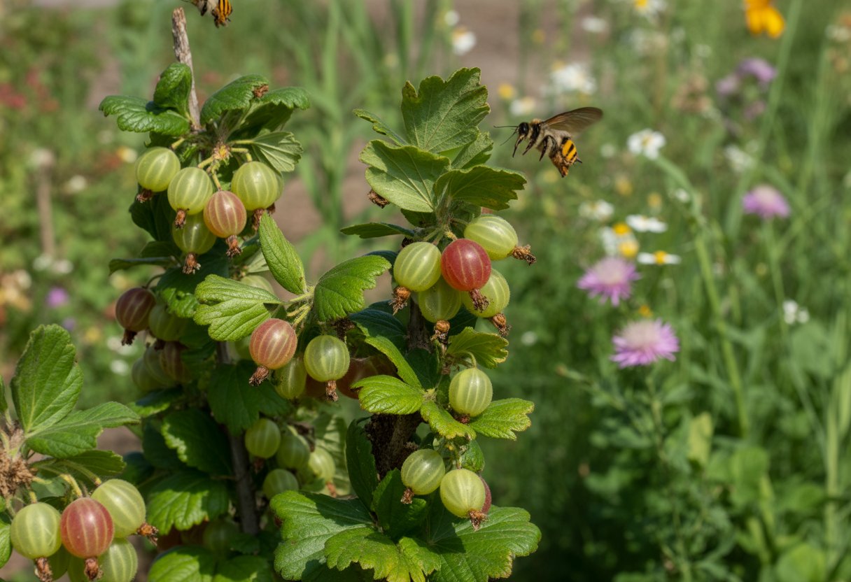 Pollinator Friendly Gooseberry for Indiana: Best Varieties and Planting Tips - PlantNative.org A garden with ripe gooseberry bushes surrounded by blooming flowers and pollinators like bees and butterflies.