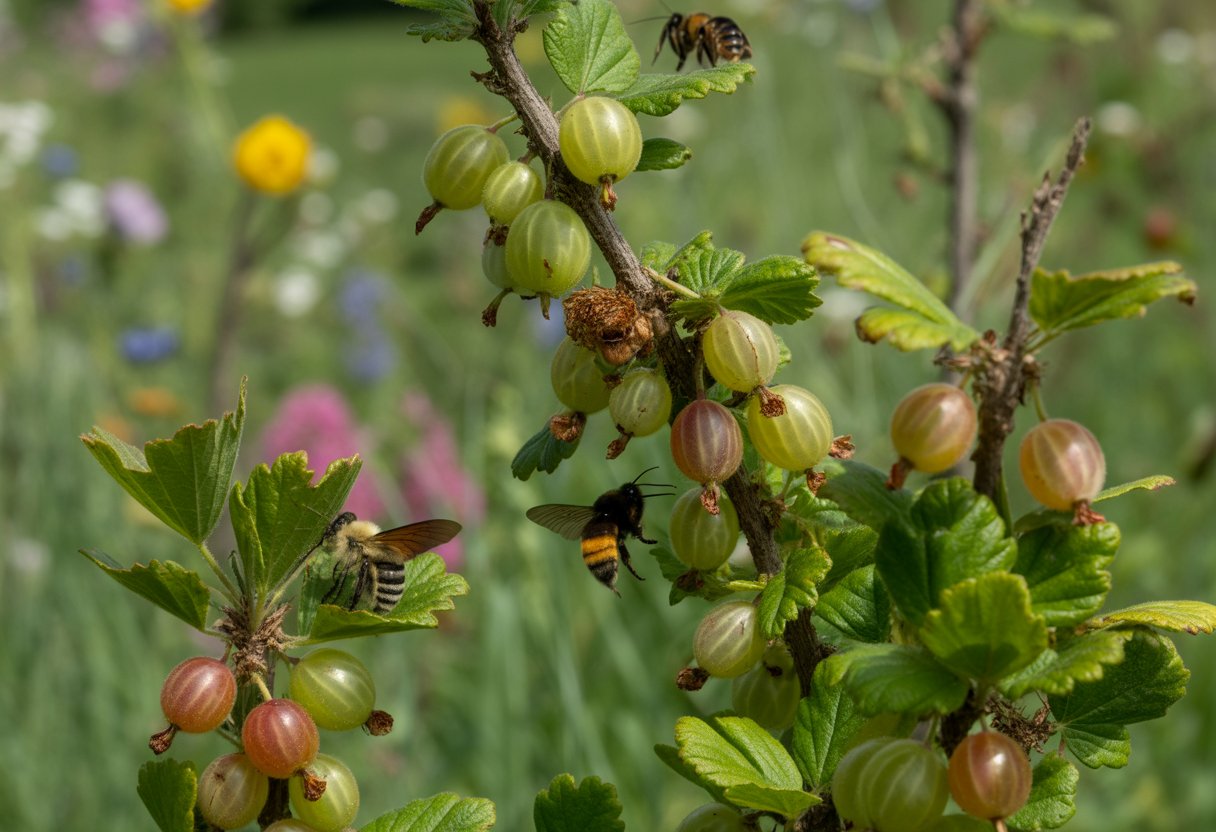 Pollinator Friendly Gooseberry for Indiana: Best Varieties and Planting Tips - PlantNative.org Gooseberry bushes with ripe berries being visited by bees and butterflies in a sunny garden.