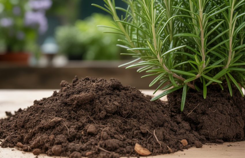 Close-up of rich, well-draining soil with a healthy rosemary plant growing in it.