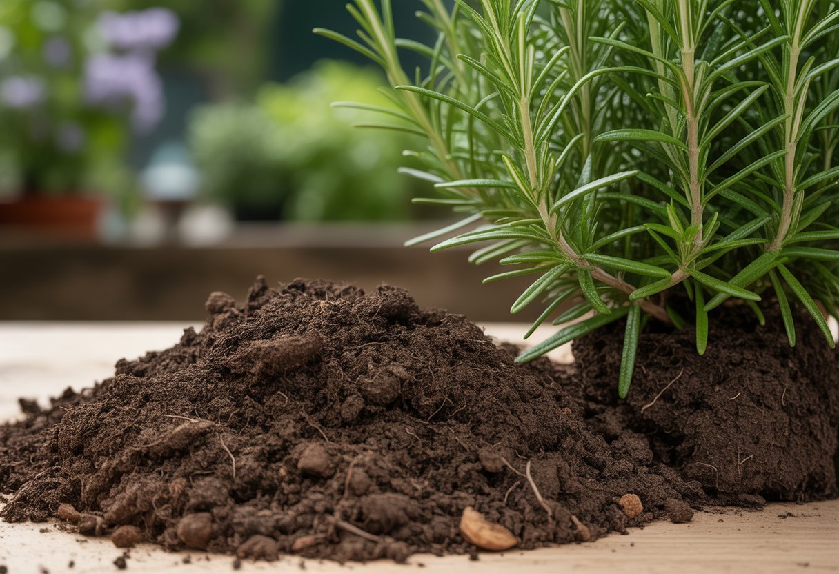 Close-up of rich, well-draining soil with a healthy rosemary plant growing in it.