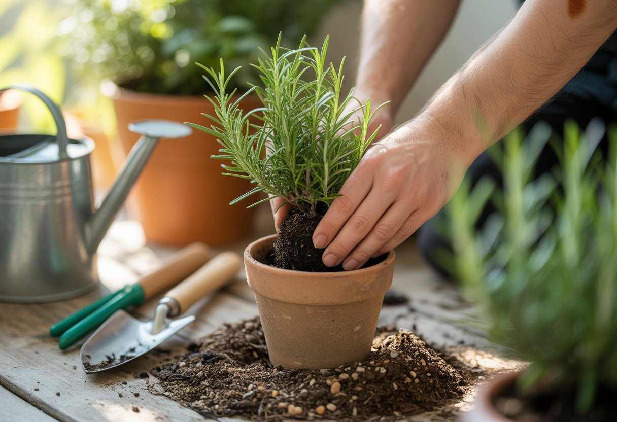 Hands planting a rosemary cutting in nutrient-rich soil in a terracotta pot with gardening tools nearby.