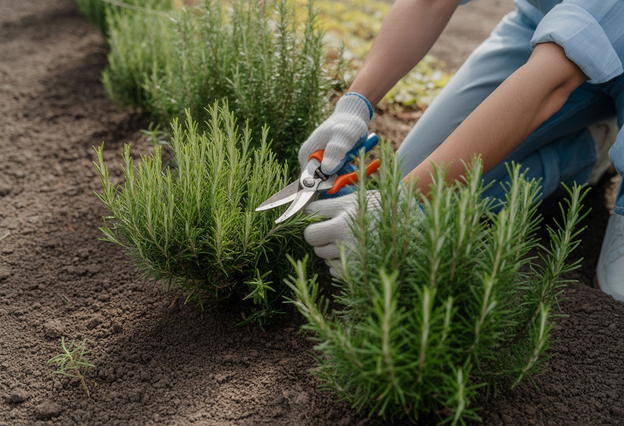 A gardener harvesting fresh rosemary from healthy plants growing in rich soil in a garden.