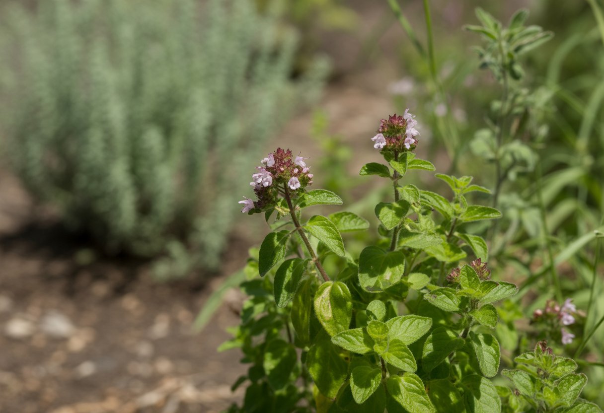 Close-up of healthy native oregano plants with green leaves and small flowers growing in a natural garden environment.