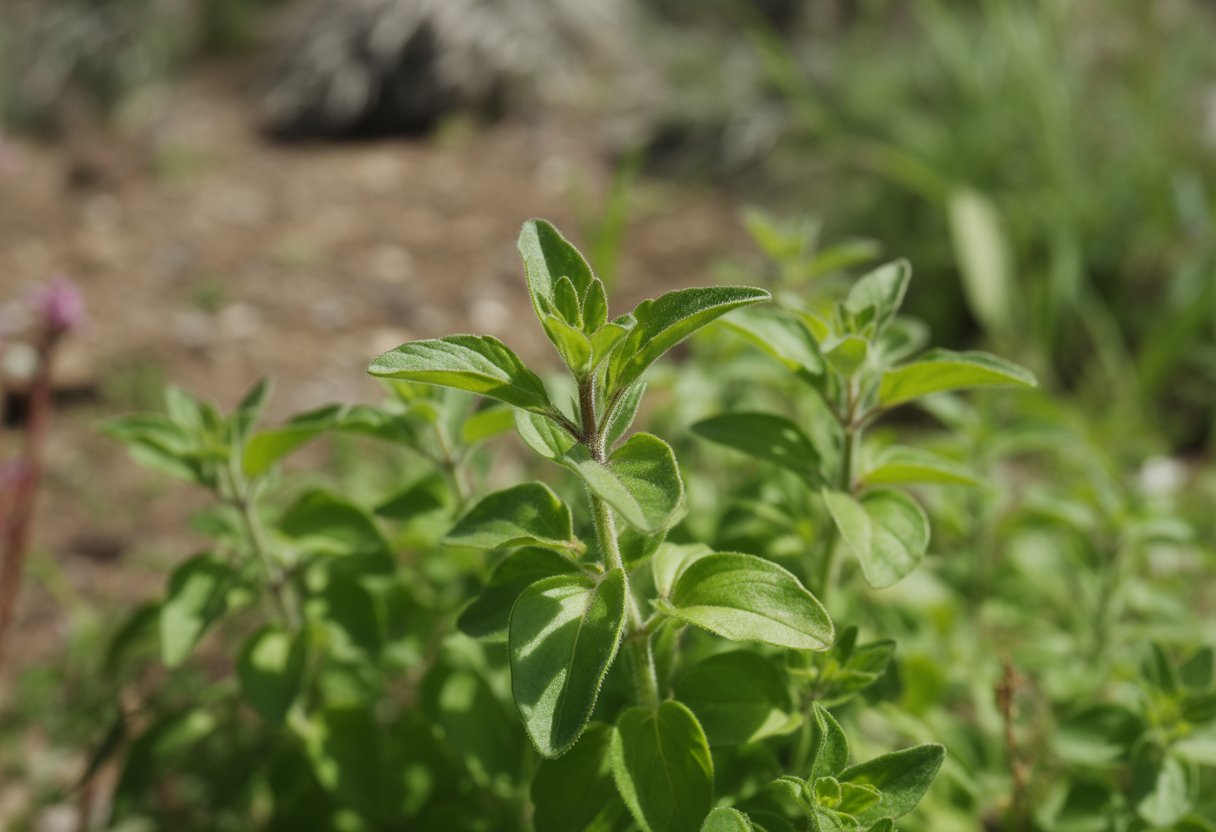 Close-up of a healthy native oregano plant growing outdoors in a garden with green leaves and natural sunlight.