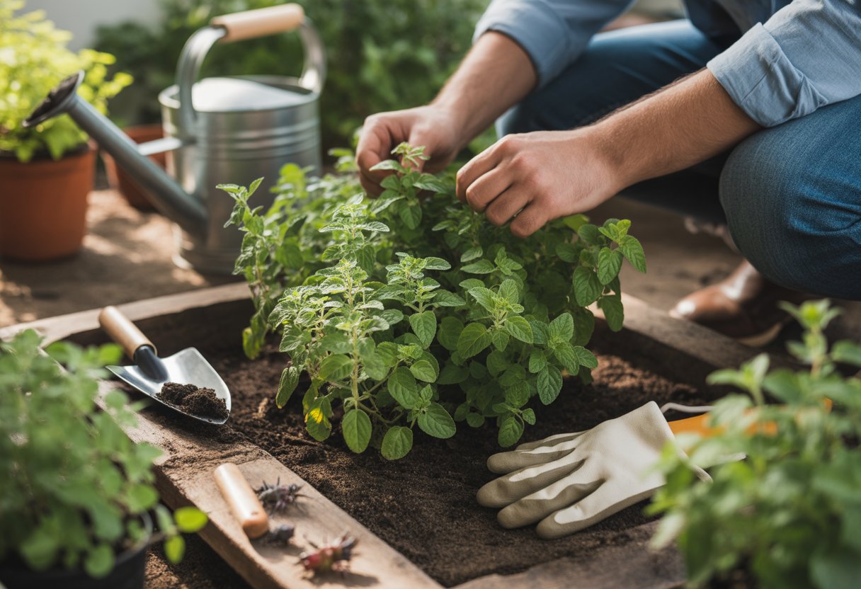 Close-up of healthy oregano plants being gently tended by a gardener's hands with gardening tools nearby in a garden setting.