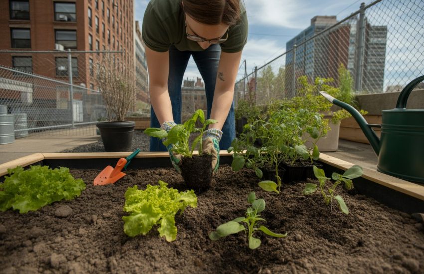 Person planting young vegetable seedlings in a garden bed with urban buildings in the background.