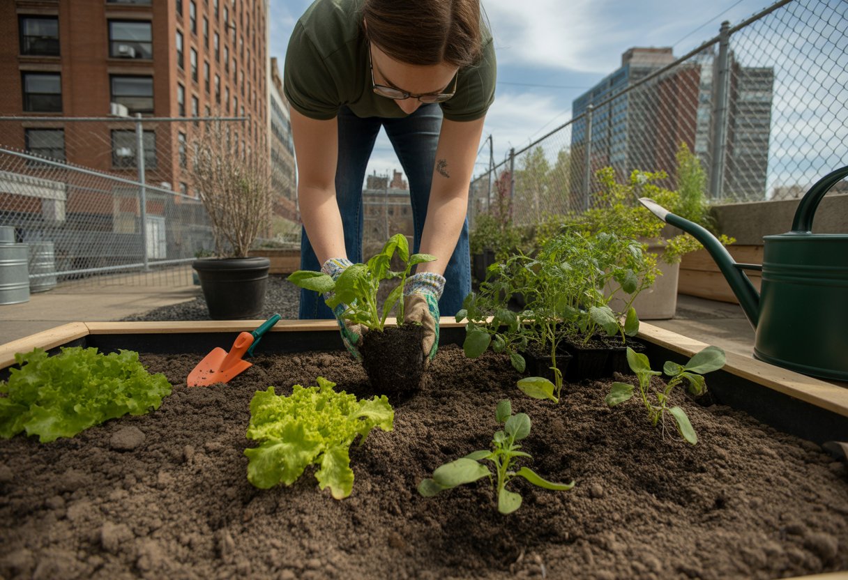 Person planting young vegetable seedlings in a garden bed with urban buildings in the background.