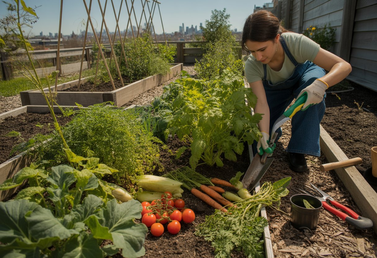 A person harvesting vegetables in a well-maintained urban garden with various plants and gardening tools visible.