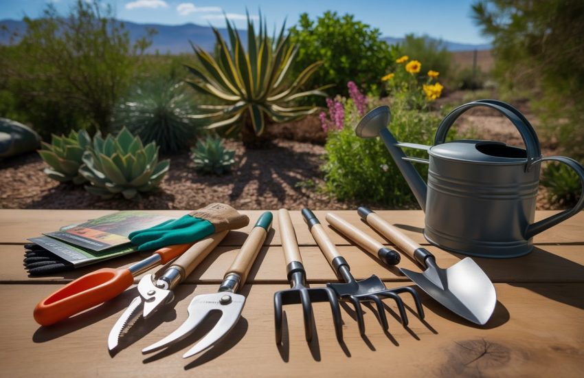 A collection of gardening tools arranged on a wooden table with desert plants and wildflowers in the background.