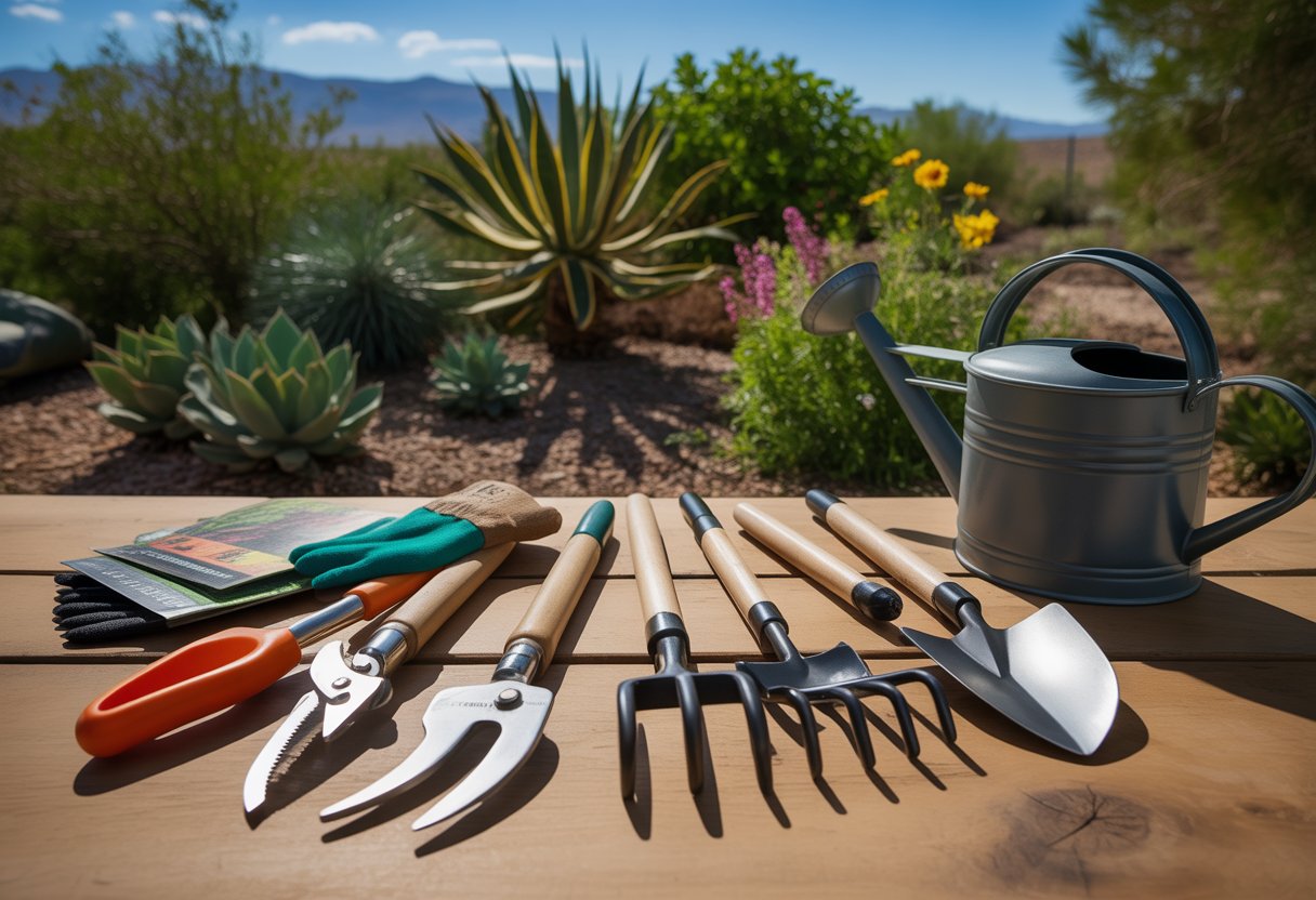 A collection of gardening tools arranged on a wooden table with desert plants and wildflowers in the background.