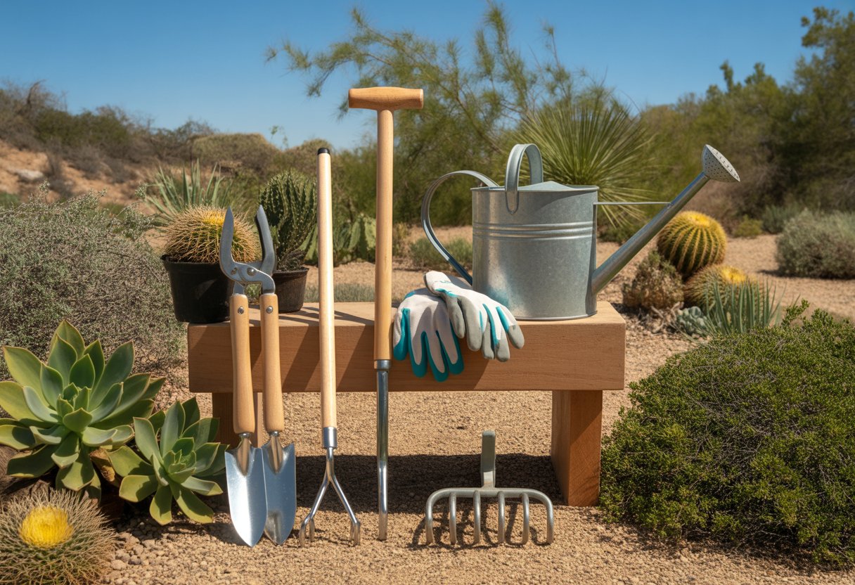 A collection of gardening tools including pruning shears, a hand trowel, a cultivator rake, a watering can, and gloves placed on a wooden bench surrounded by desert plants and dry soil.
