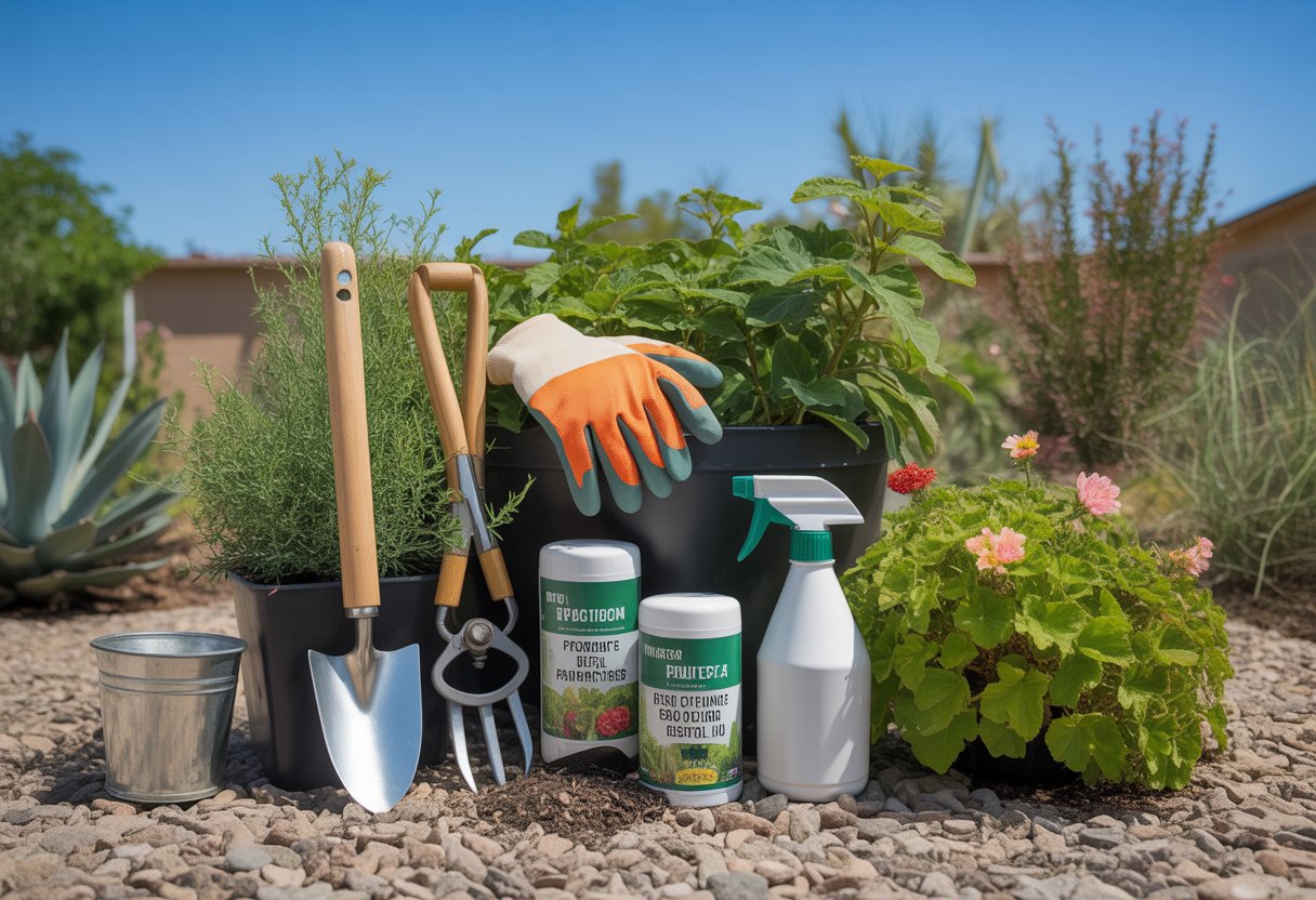 A gardening workspace outdoors with tools like pruning shears, a spray bottle, gloves, and healthy green plants in a sunny backyard setting.
