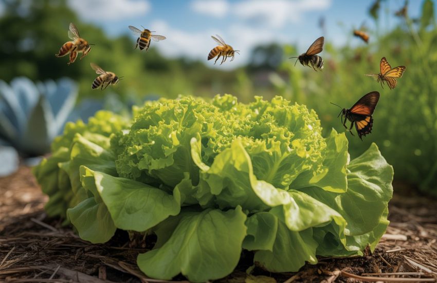 A garden bed of green lettuce with bees and butterflies pollinating the plants under a clear blue sky.