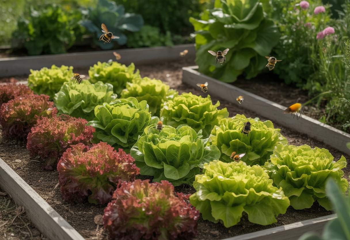 A garden with healthy lettuce plants and bees and butterflies pollinating among them.