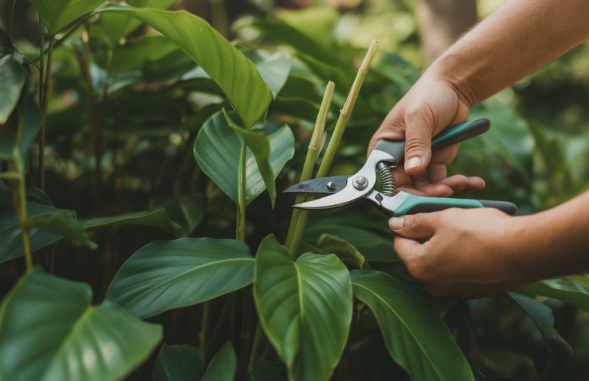 Hands pruning wild ginger plants in a garden with green leaves and pruning shears.