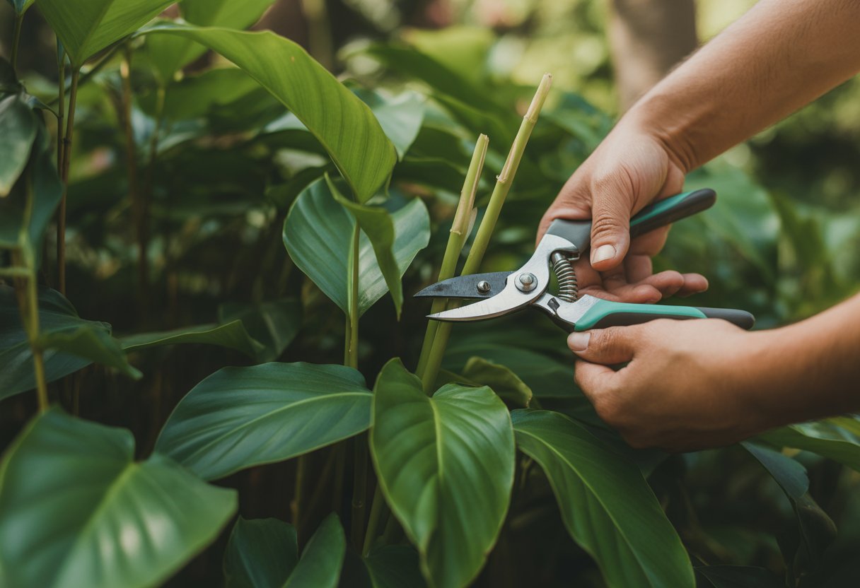 Hands pruning wild ginger plants in a garden with green leaves and pruning shears.