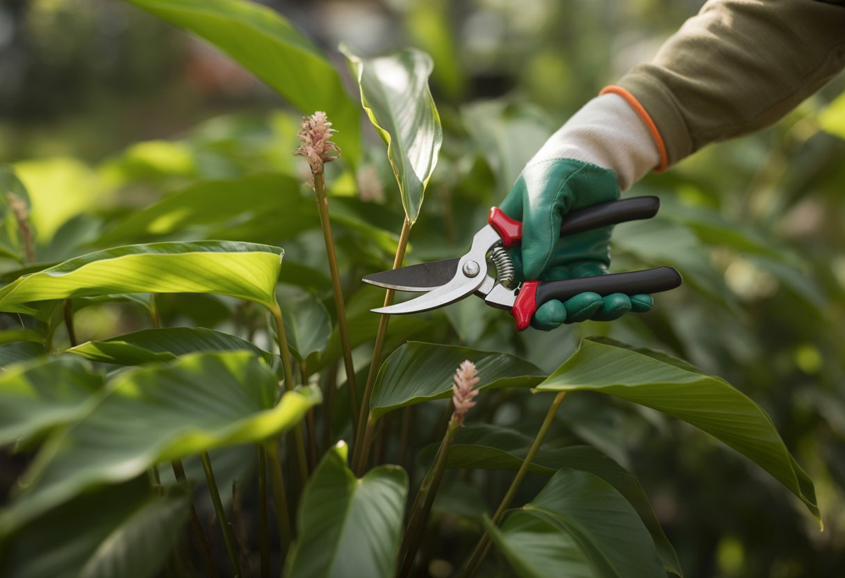 Hands pruning wild ginger plants outdoors in a garden.
