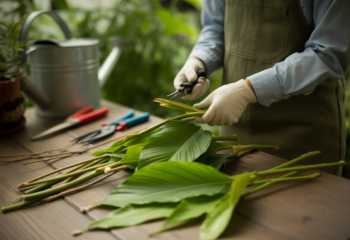 Close-up of gloved hands pruning wild ginger plants in a garden with gardening tools in the background.