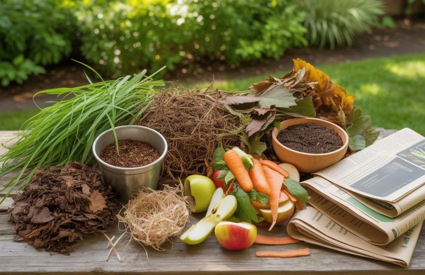 An outdoor scene with various compost materials including grass clippings, dry leaves, vegetable scraps, coffee grounds, shredded newspaper, and twigs arranged on a wooden surface with green plants in the background.