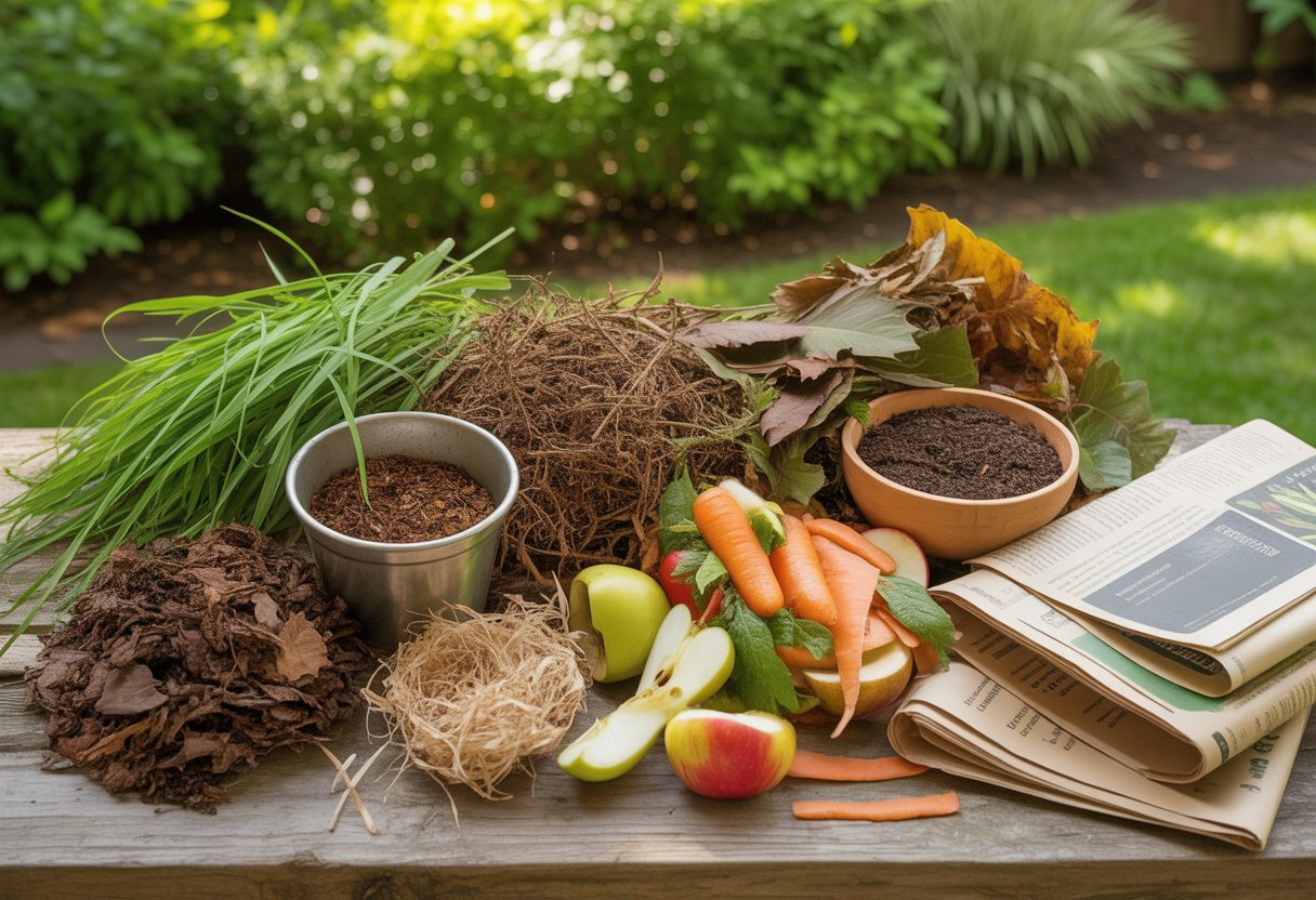 An outdoor scene with various compost materials including grass clippings, dry leaves, vegetable scraps, coffee grounds, shredded newspaper, and twigs arranged on a wooden surface with green plants in the background.