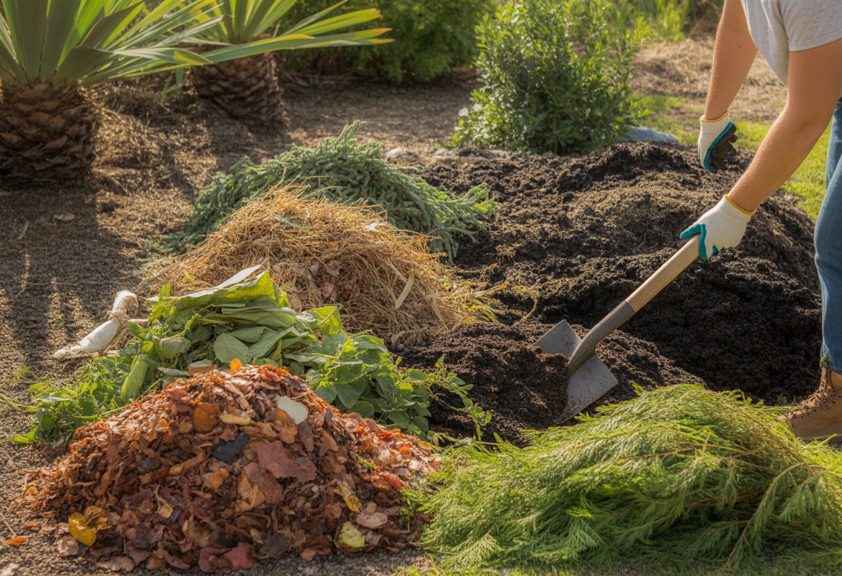 A gardener turning a compost pile with various organic materials and a garden with native plants in the background.
