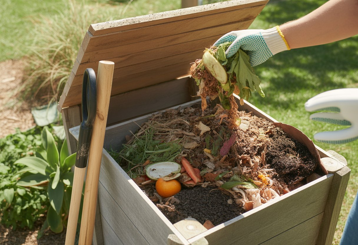 A person adding organic kitchen scraps to a wooden compost bin in a sunny backyard with native plants.