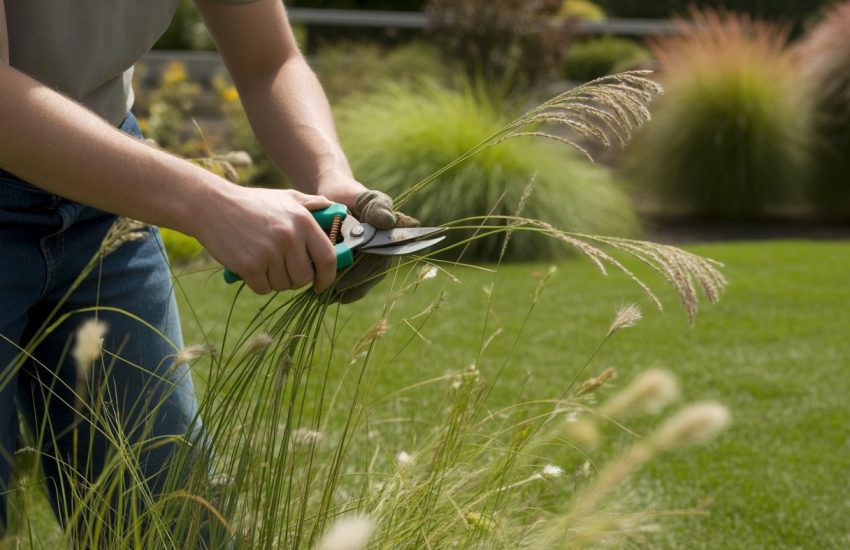 Hands pruning prairie dropseed grass with shears in a sunny garden.