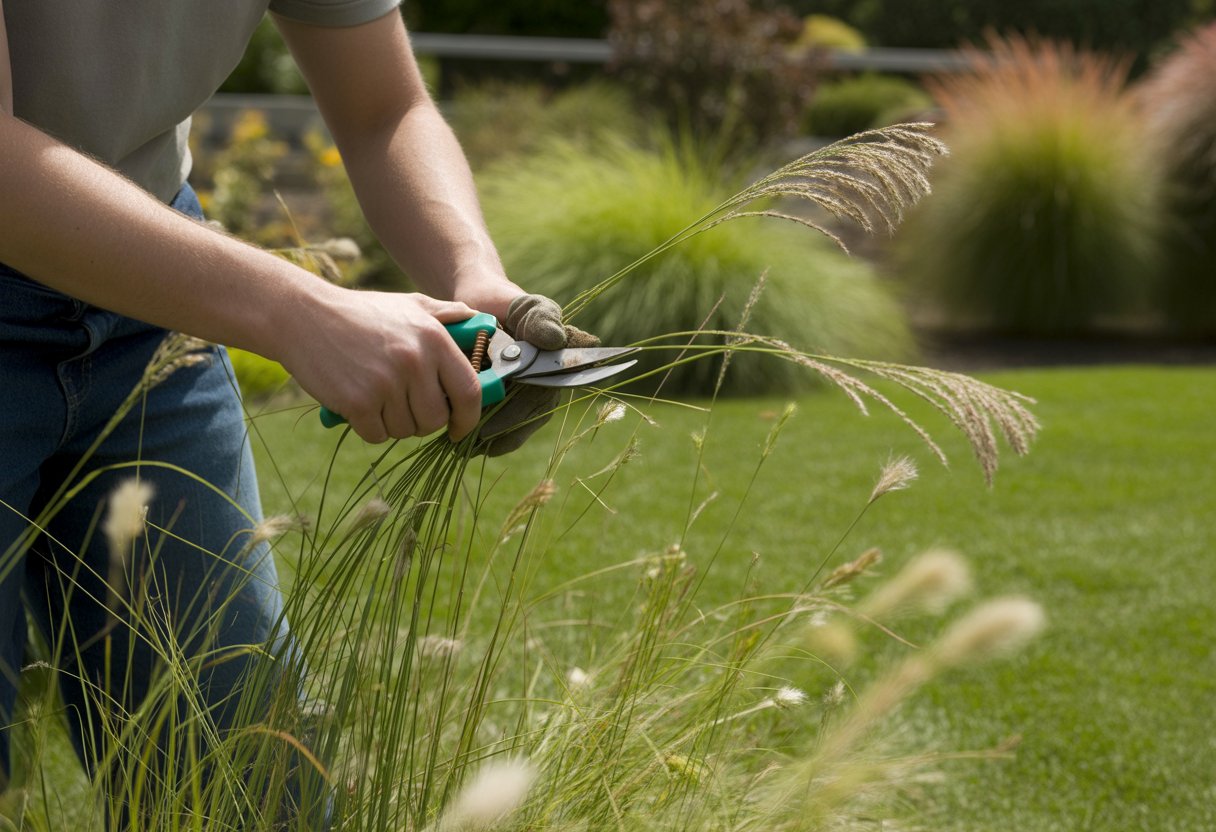Hands pruning prairie dropseed grass with shears in a sunny garden.