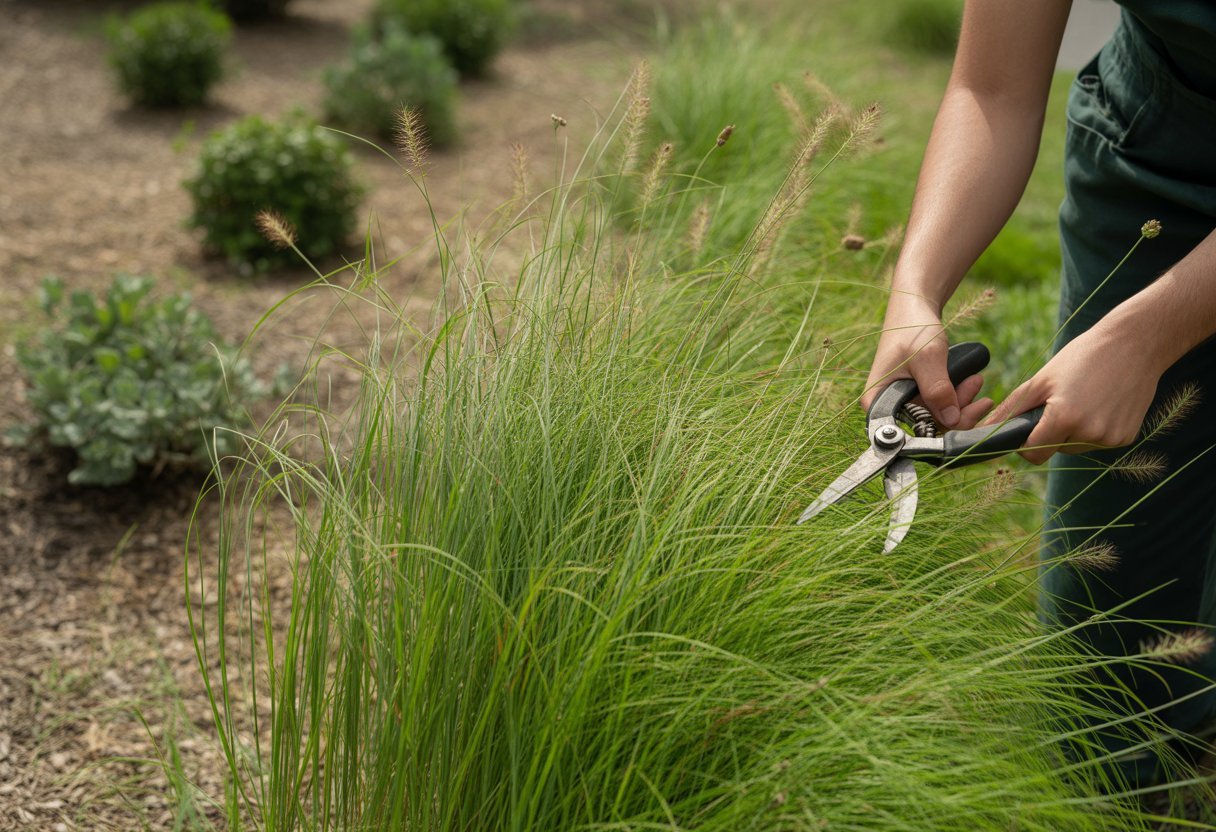 Close-up of a gardener pruning healthy prairie dropseed grass in a landscaped garden.