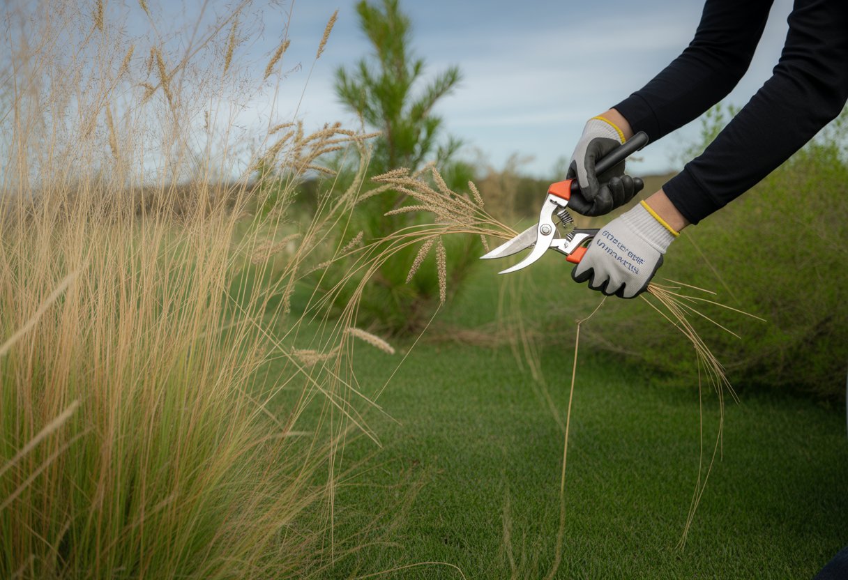 A gardener pruning prairie dropseed grass in a natural garden setting during daylight.