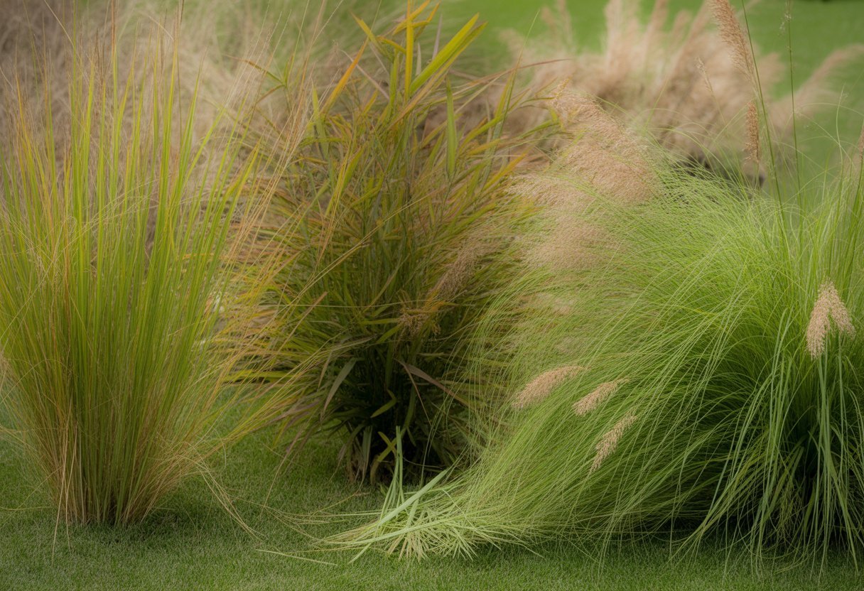 Close-up view of Prairie Dropseed grass next to similar ornamental grasses in a garden, with visible trimmed blades showing pruning.