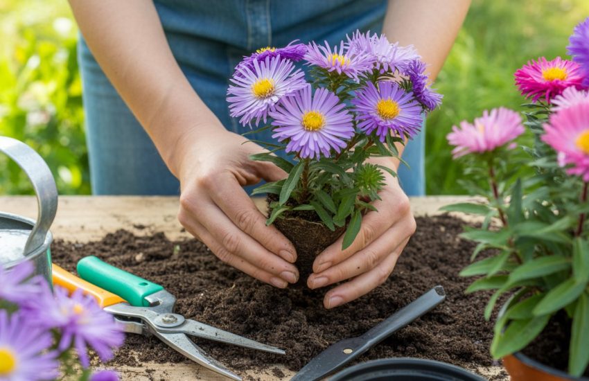 Hands planting aster cuttings into small pots in a garden setting with gardening tools nearby.