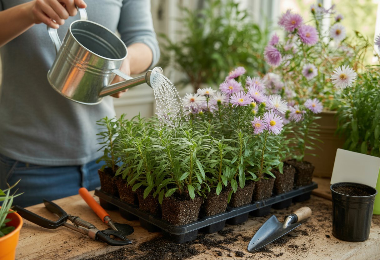 How to Propagate Asters: Step-by-Step Guide for Healthy Growth - PlantNative.org Hands watering young aster seedlings growing in small pots with gardening tools nearby in a bright indoor gardening space.