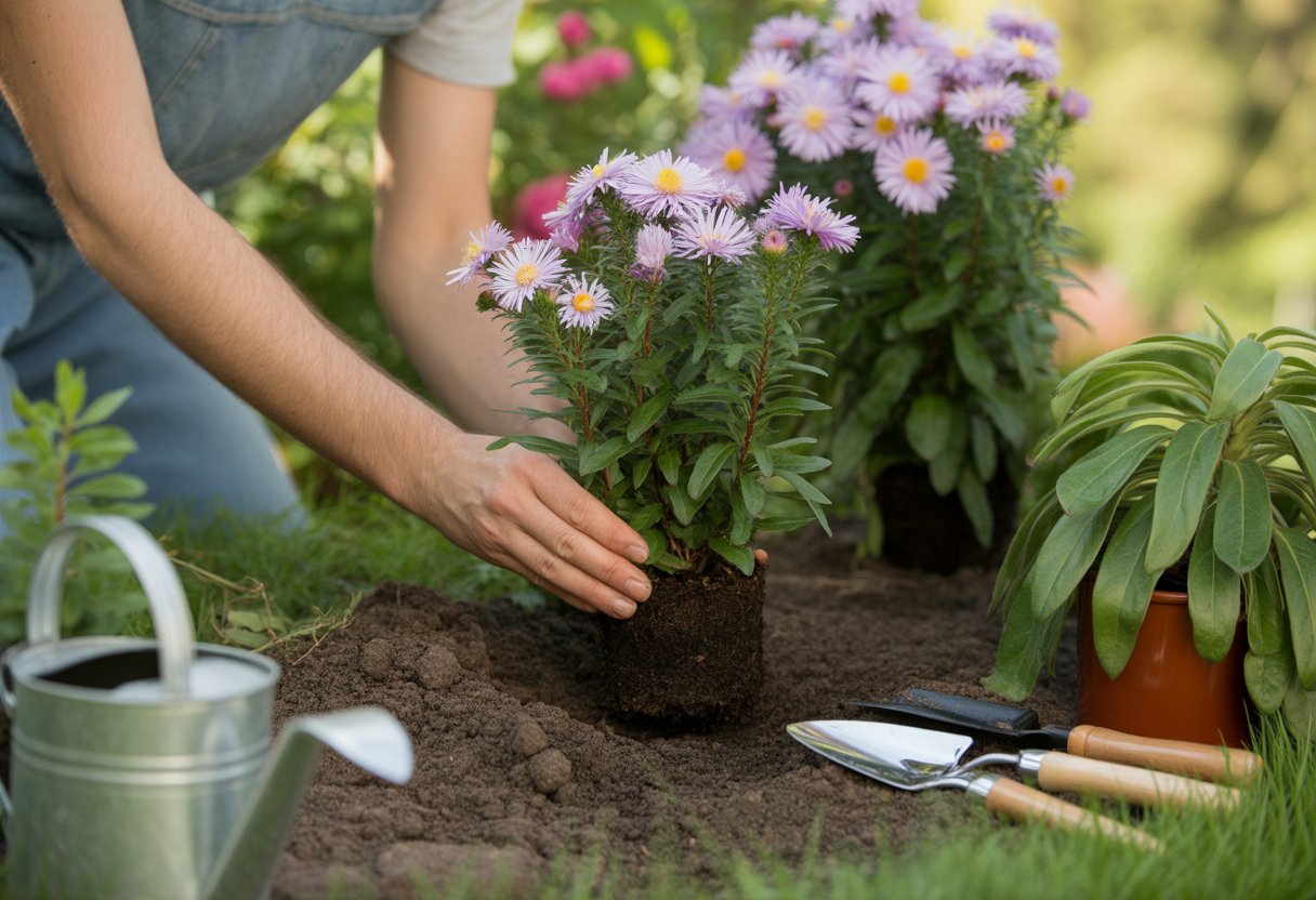 How to Propagate Asters: Step-by-Step Guide for Healthy Growth - PlantNative.org Hands planting an aster cutting into soil with gardening tools and blooming asters in the background.