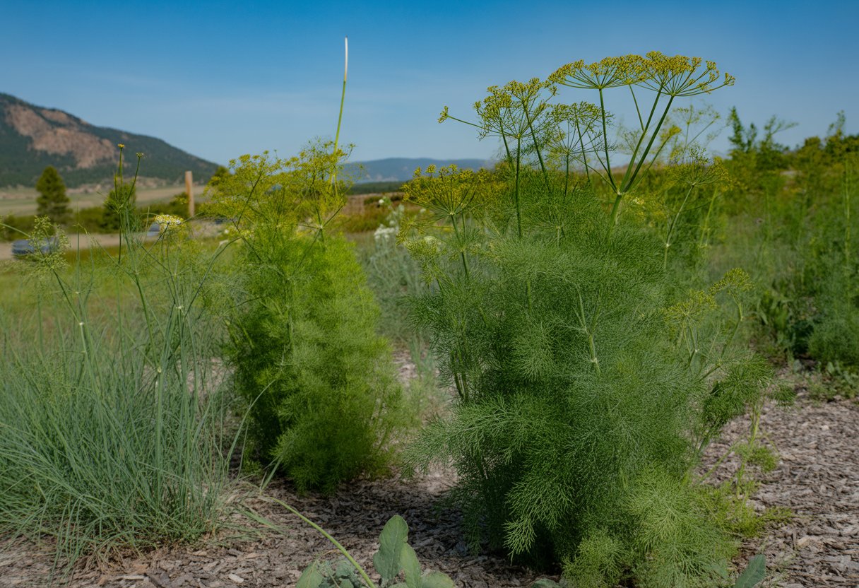 A garden in Colorado with green dill plants growing among native grasses and wildflowers, with mountains in the background.