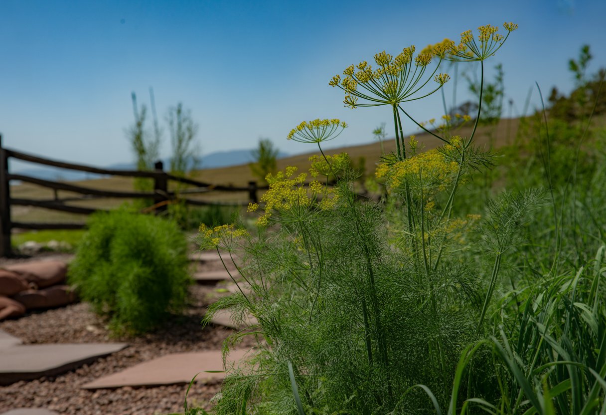 A sunlit Colorado garden with native dill plants growing among other local plants, with mountains and rustic landscaping elements in the background.
