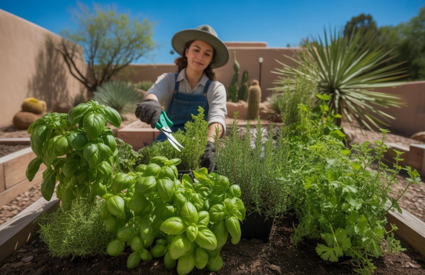 A person tending to a lush herb garden with basil, rosemary, thyme, and cilantro in a sunny backyard featuring adobe walls and desert plants.