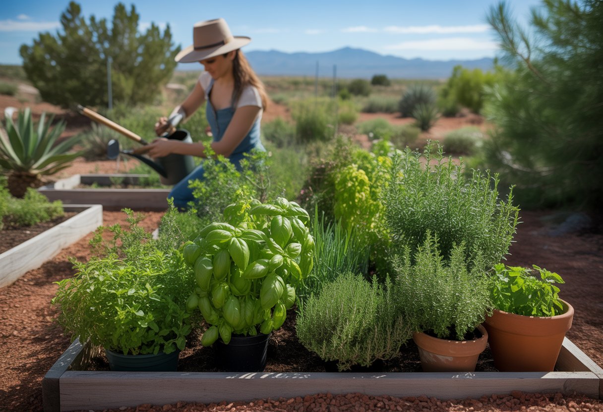 A person tending to a healthy herb garden with various herbs growing in raised beds and pots, set against a New Mexico desert landscape with mountains and clear sky.