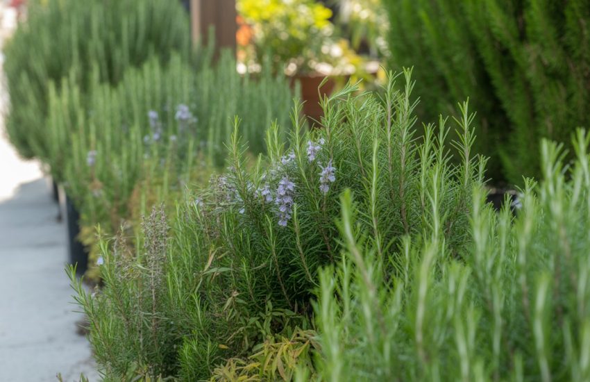 Close-up of healthy ornamental rosemary bushes growing along a garden pathway with green leaves and small purple flowers.
